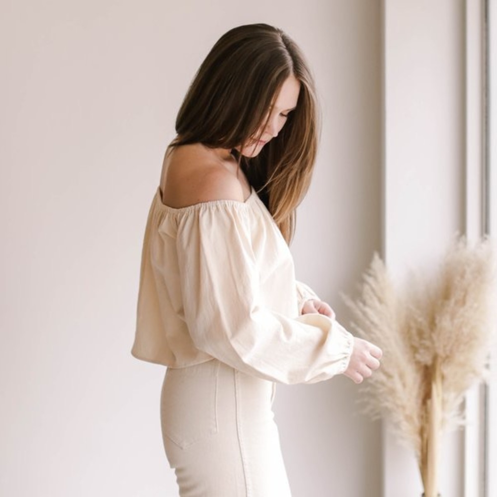 OZMA Cream Off-Shoulder Peasant Blouse